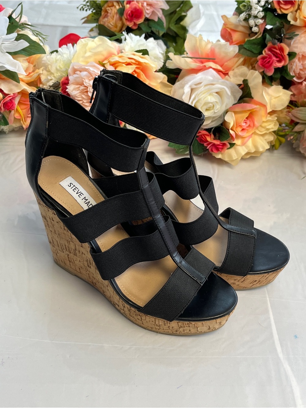 Steve Madden Selinah Black Elastic Cork Platform Wedge Sandals Women’s 9 Zip